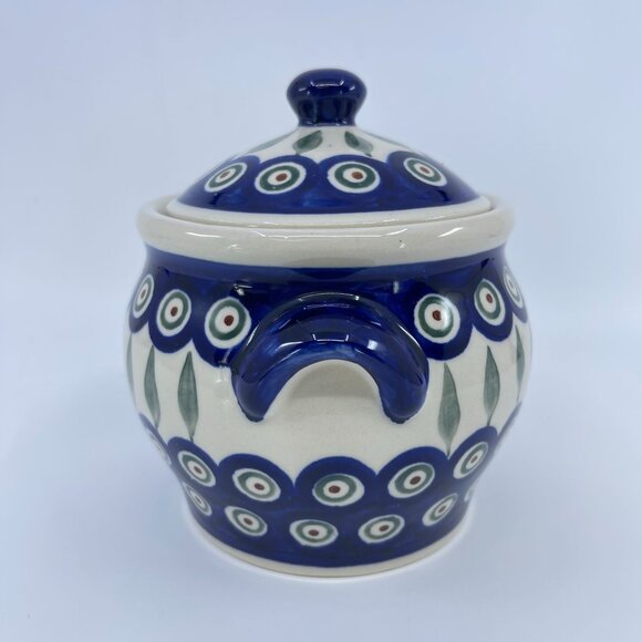 vintage boleslawiec polish pottery lidded jar "peacock" pattern handcrafted - Picture 4 of 7